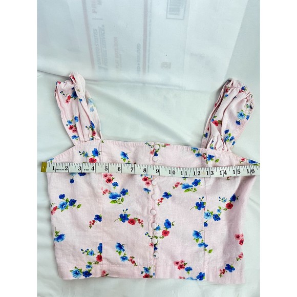 Forever 21 Barbiecore Linen Crop Top Floral Size M Ruffles Pink Button Front - Picture 8 of 10